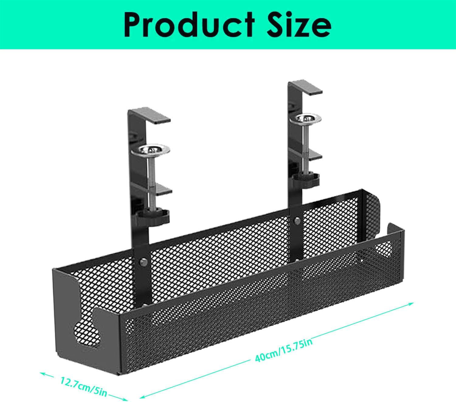 Under Desk Cable Management Tray No Drill, Metal Mesh Cable Management under Desk with Clamp Mount, Table Organizers and Accessories, Cord Storing for Home,Office and Workspace Organizers, Black - White image number 2