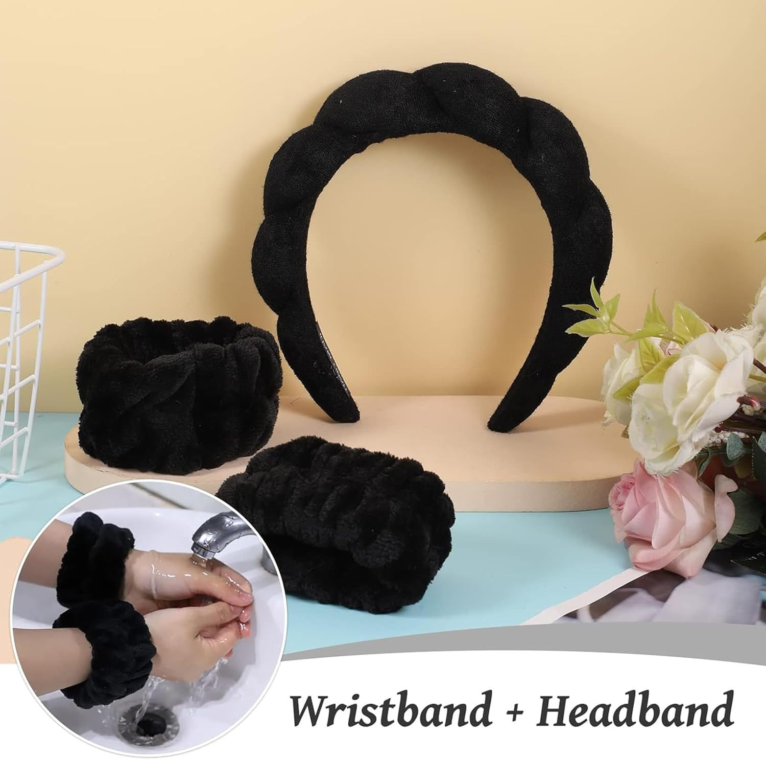 3Pcs Black Spa Makeup Headband and Wristband Set for Washing Face, Soft Towel Skincare Headband Face Wash Wristband Facial Wrist Towel Washbands for Women Girls image number 2