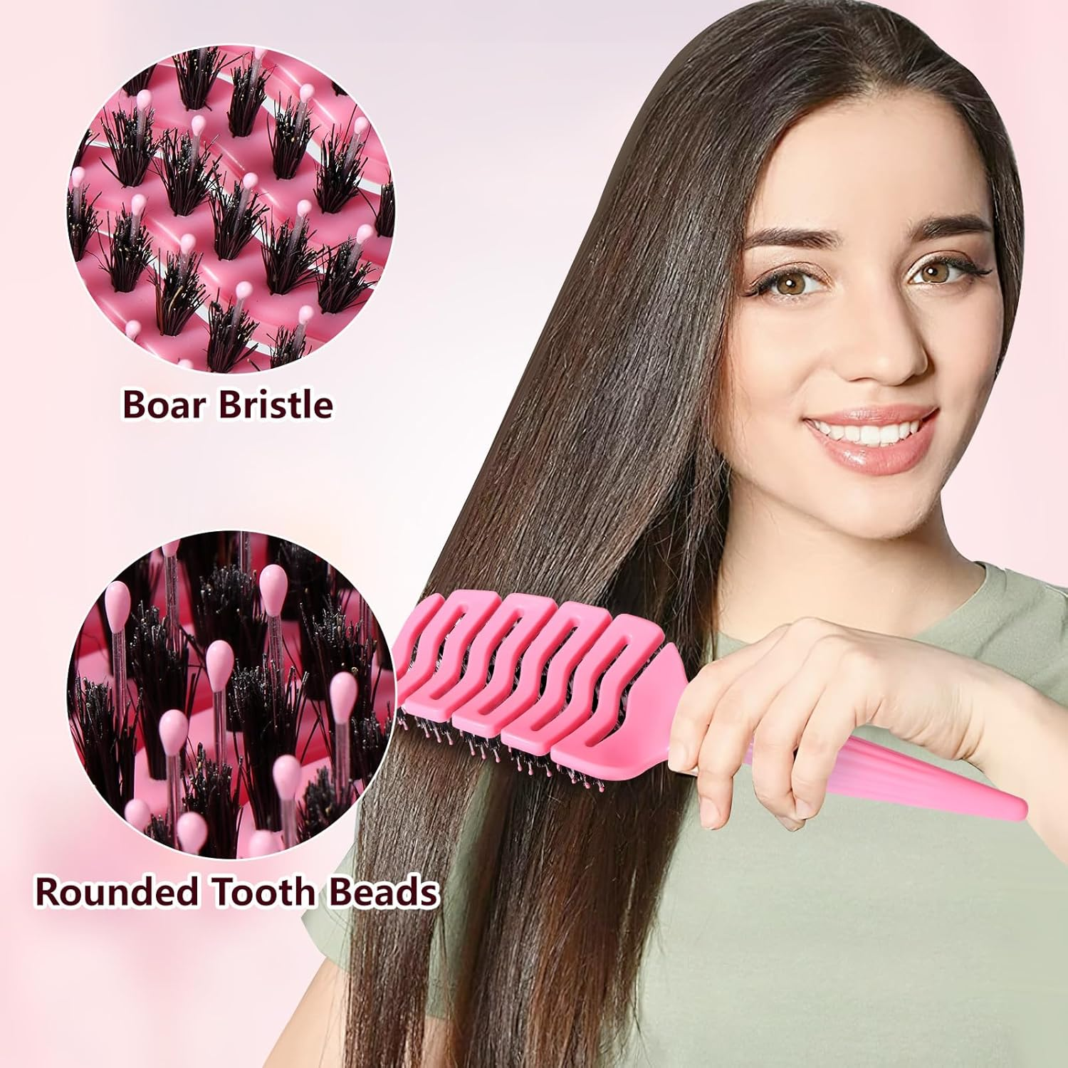 Blendura Hair Comb, Boar Bristle Hair Brush, Quick Drying Fluffy Styling Comb, Anti-Knot and Anti-Pull Hair Brush, Gentle Scalp Massage Brush, Suitable for All Hair Structures, Pink, Hair Brush image number 1