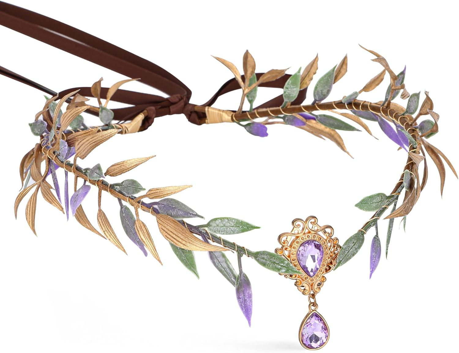 MOSTORY Forest Elf Crown for Renaissance Women Cosplay Purple and Gold Leaf Headpiece for Halloween Forest Fairy Costume image number 3
