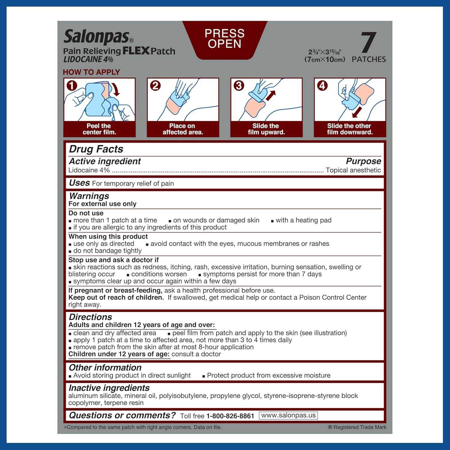 Salonpas Maximum OTC Strength Lidocaine 4% Pain Relieving FLEX Patch, Apply for up to 8 Hours, Unscented, Thin, Flexible, Lightweight, Patch Stays in Place, 7 Patches image number 3