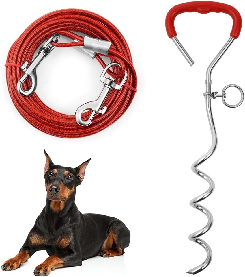 Aomig 6M Red Dog Tie Out Cable with Spiral Ground Stake, Heavy Duty Dog Lead Stake, Sturdy Dog Accessory for Outdoor, Yard image number 3