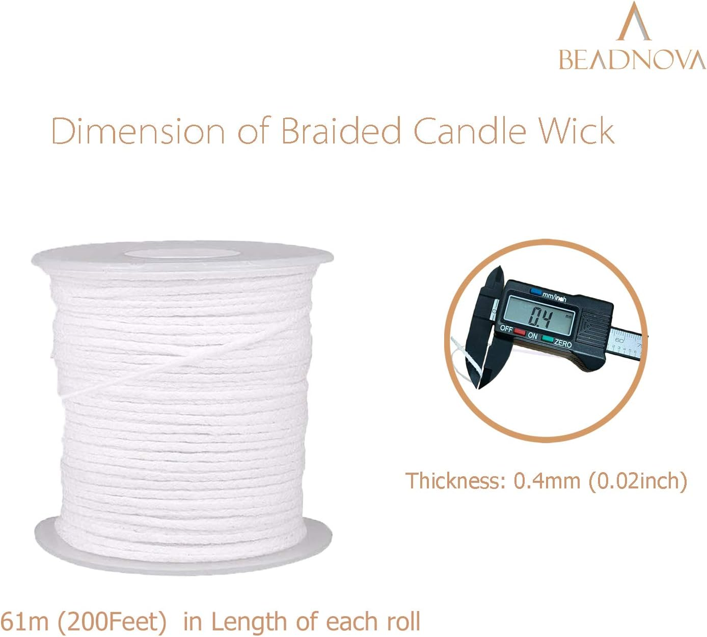 BEADNOVA Braided Candle Wick Spool 200 Ft Cotton Roll Core Braided Wick for Candle Making and DIY (61M/67Yard/200 Foot) - 200Foot, 61M image number 5
