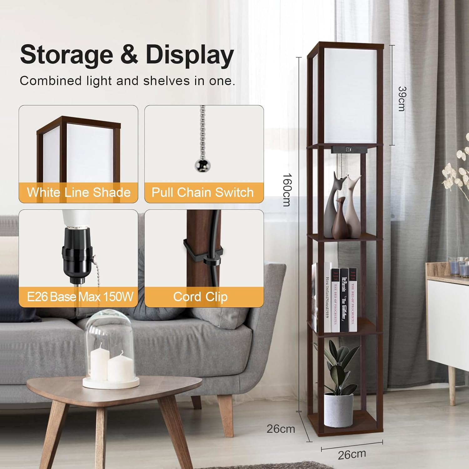 OUTON Floor Lamp with Shelves, LED Column Modern Floor Lamp with USB & Type C Port, 3 Color Temperatures, Wooden Standing Lamp with White Linen Shade for Living Room Bedroom Office (Walnut Brown) image number 1