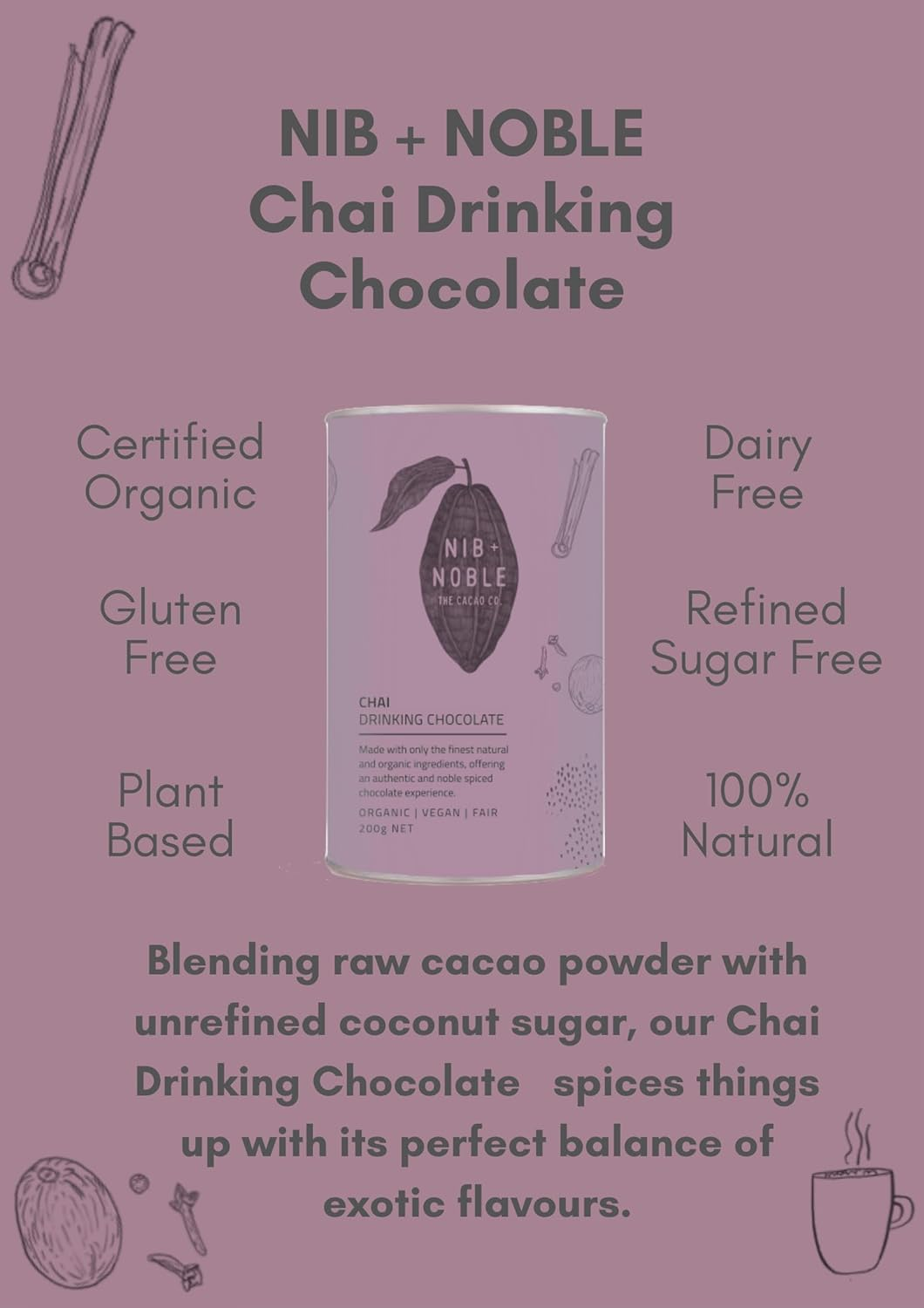 Nib and Noble Organic Drinking Chocolate - Chai, 200 G