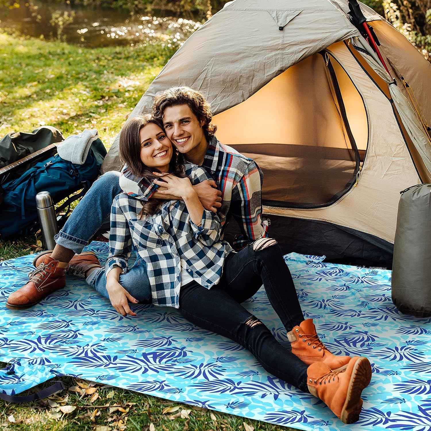 Beach Blanket Sand Free - Oversized 107" X 77" - Waterproof Sandproof - Double Anchored Picnic Blankets, Extra Large Beach Mat, 6 Stakes in Accessories Pouch, Picnic Mat&hellip; image number 6