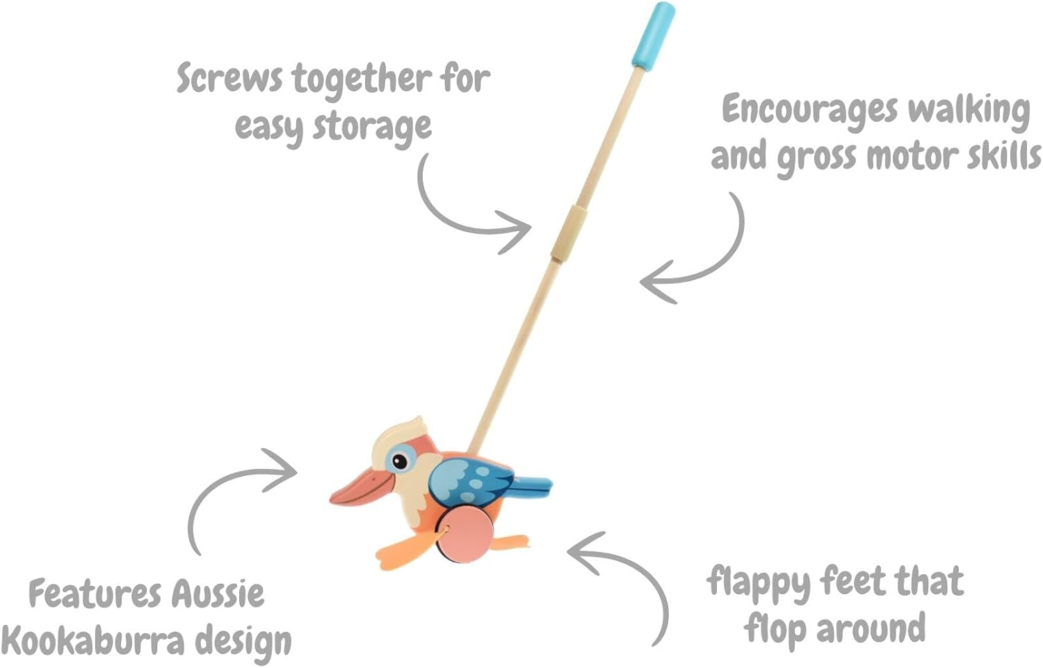 Koala Dream Push along Kookaburra &ndash; Wooden Toddler Push Toy &ndash; FSC Certified Timber, Designed in Australia image number 1