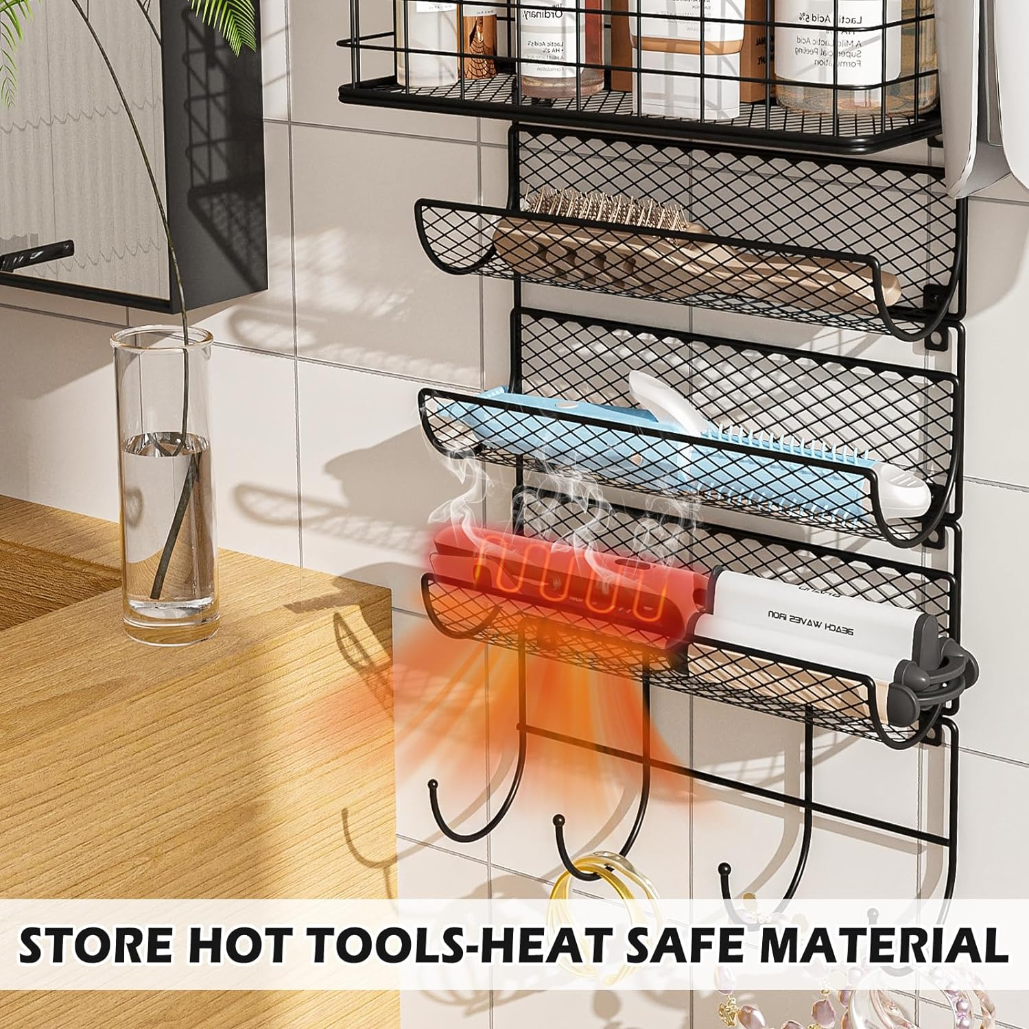 Wall-Mounted Hair Dryer Holder Styling Tool Organizer 4-Shelf Storage Wire Basket with Hook Heat Safe Rack for Hair-Straighteners,Curling Wands,Flat Iron,Perfume,Cabinet Door Bathroom Kitchen - Black-1 Basket  2 Shelf image number 7