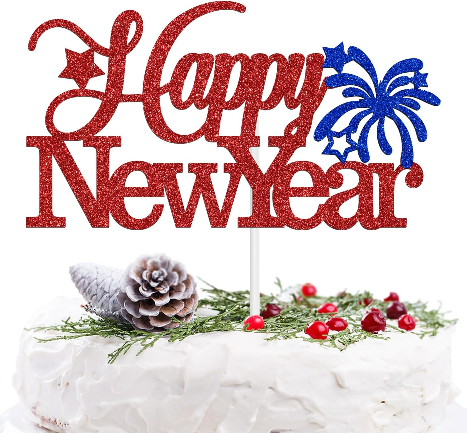 Happy New Year Cake Topper - Winter Xmas Holiday Cake Decor, Merry Christmas Santa Hello 2024 New Year Eve Party Decorations Supplies, Red and Blue Glitter image number 6