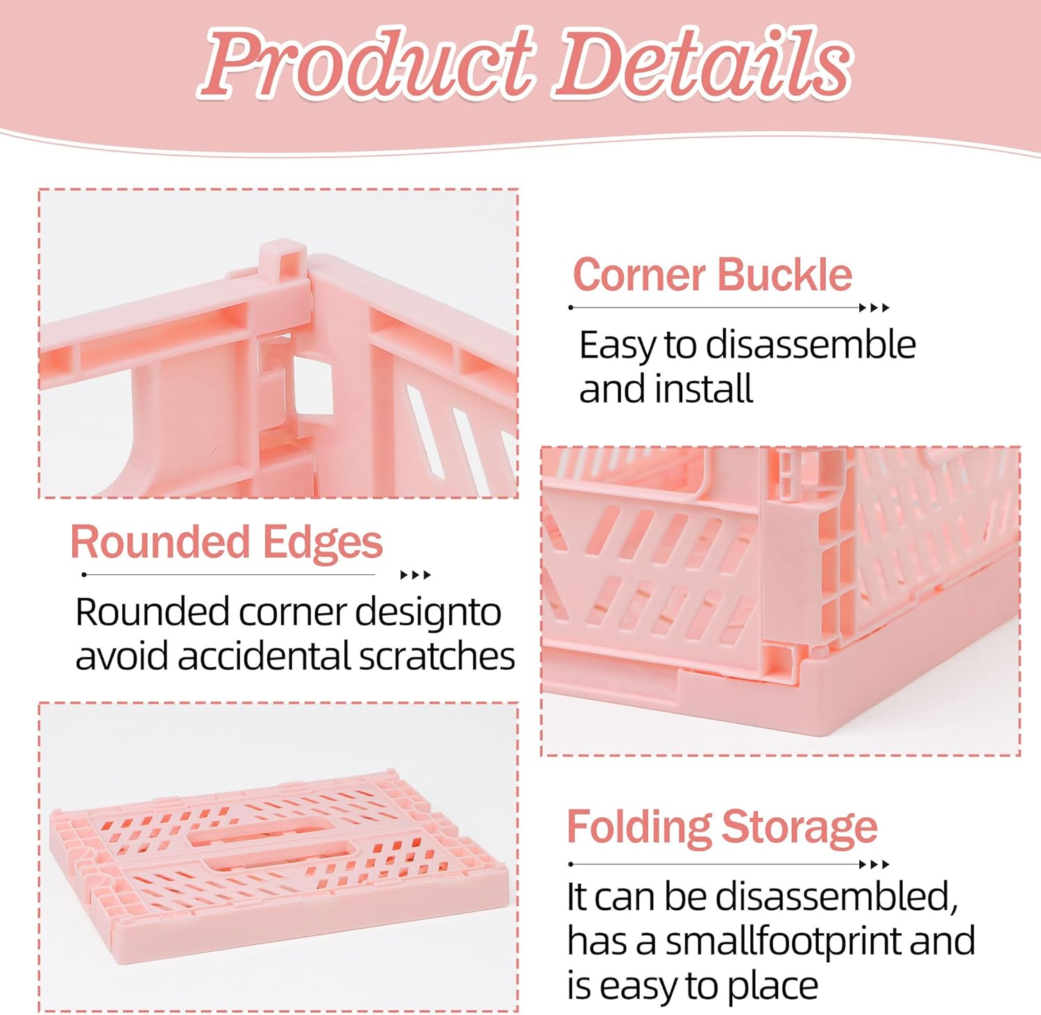 4-Pack Pink Baskets Plastic Storage Crate Small Baskets for Organizing Collapsible Storage Crates for Desk Organizers,Stackable Cute Storage Bins for Classroom,Office,Bathroom 5.9"X 3.9" X 2.3" image number 6