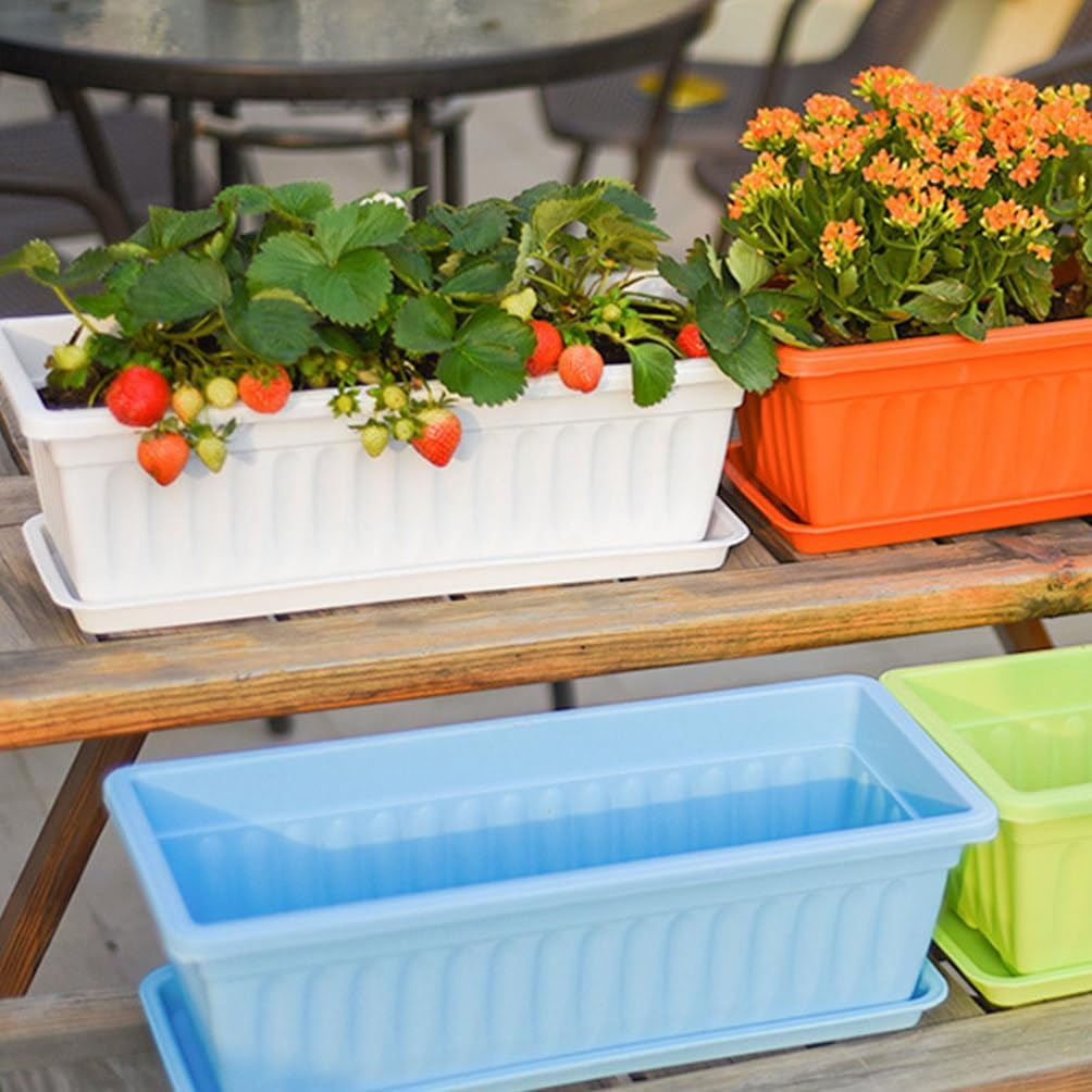 Happyyami Flower Window Box - 2Pcs Vegetable Planters - Rectangular - Long Pots with Trays - Rectangular Flower Pot White image number 4