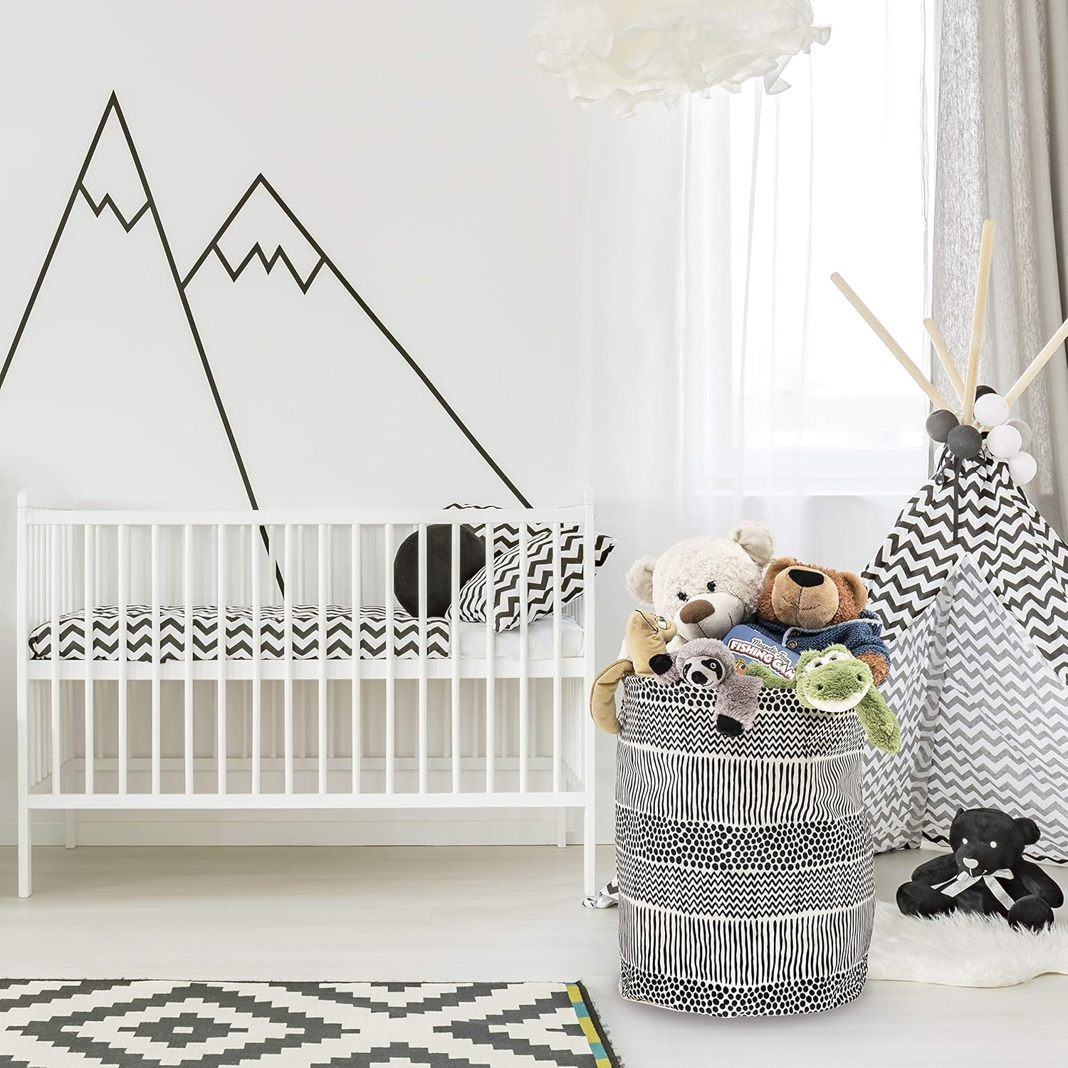 Black & White Laundry Hamper | round Storage Basket | Premium Cotton Collapsible Bin | Waterproof & Multifunctional for Clothes, Toys, Towels, Babies & Pet Toys &ndash; Mika Creations image number 4
