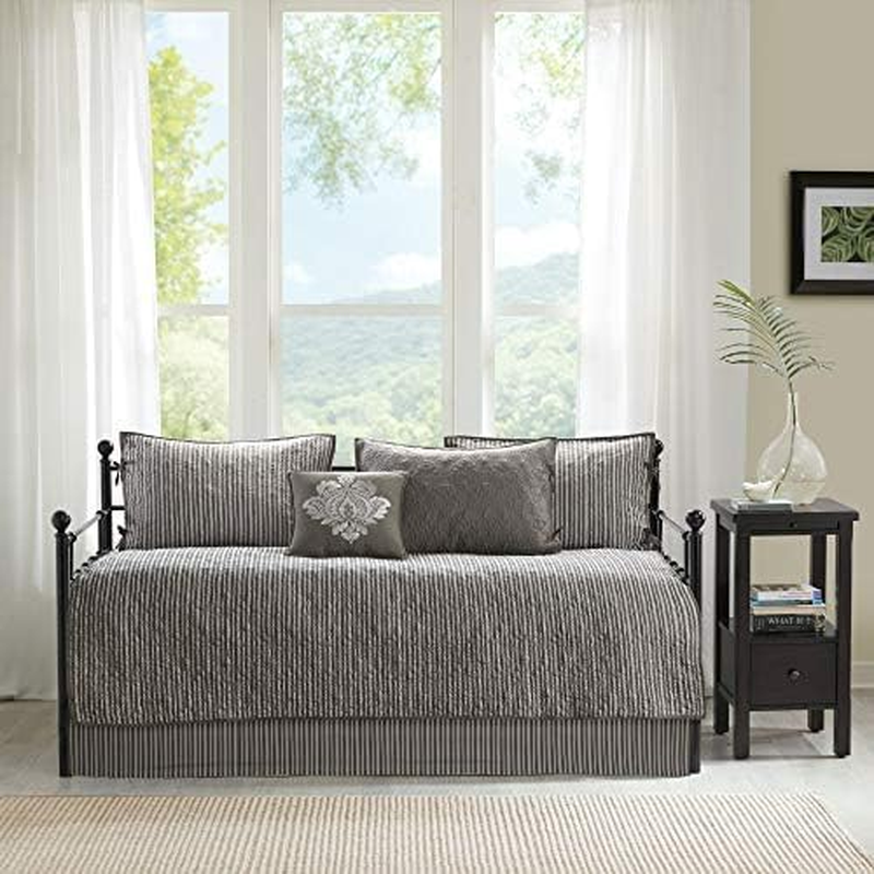 Madison Park Cotton Daybed Cover Set-Double Sided Quilting Classic Cottage Design All Season Bedding with Bedskirt, Matching Shams, Decorative Pillow, 75"X39", Quebec Dark Grey 6 Piece image number 1
