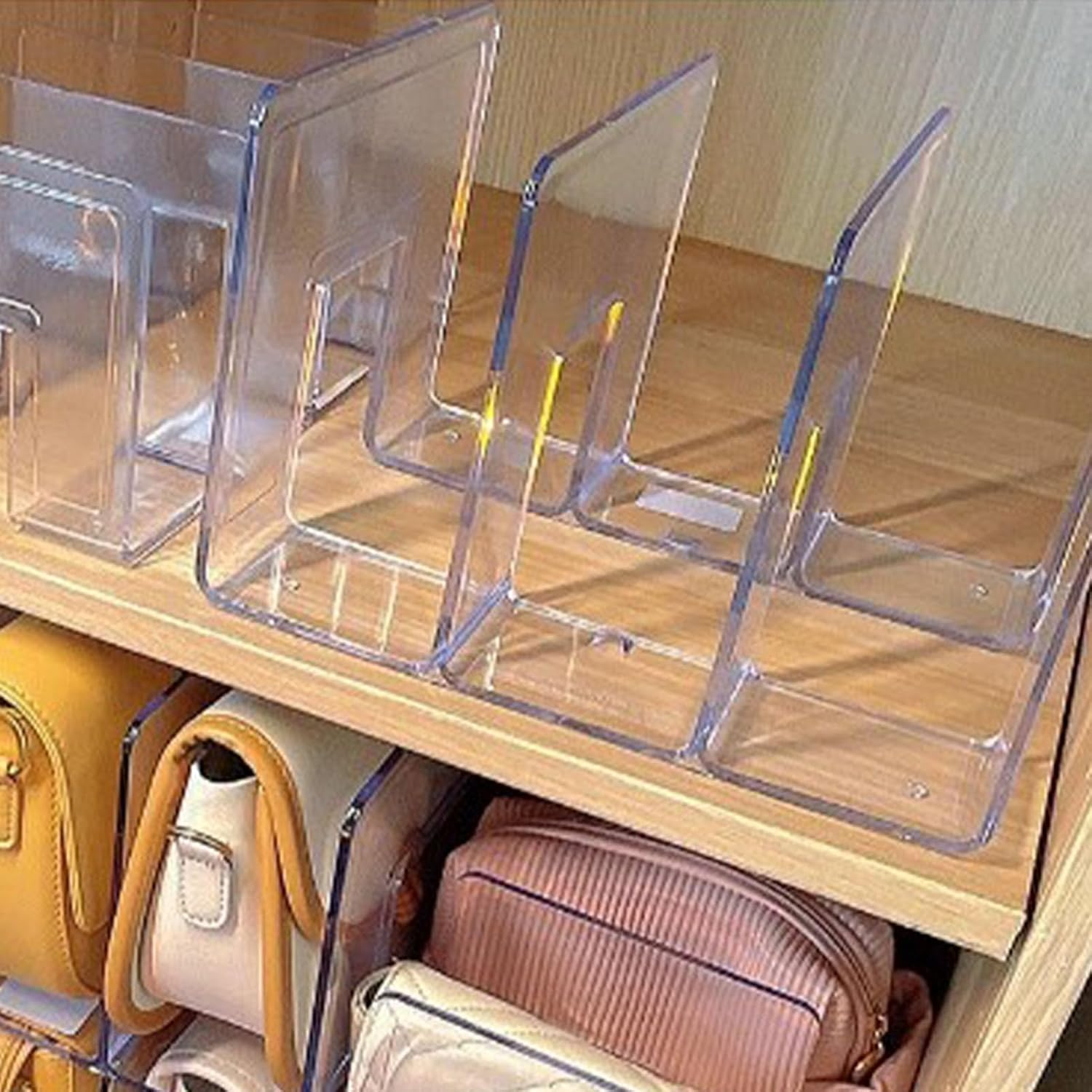 Omabeta 1PCS 4 Layer Bag Organizer Separators, Clear Stackable Handbag Organiser, Easy to Select for Closet Bookshelf Bedroom, Purse Shelf Dividers Storage Rack,32 * 14.5 * 13Cm image number 3