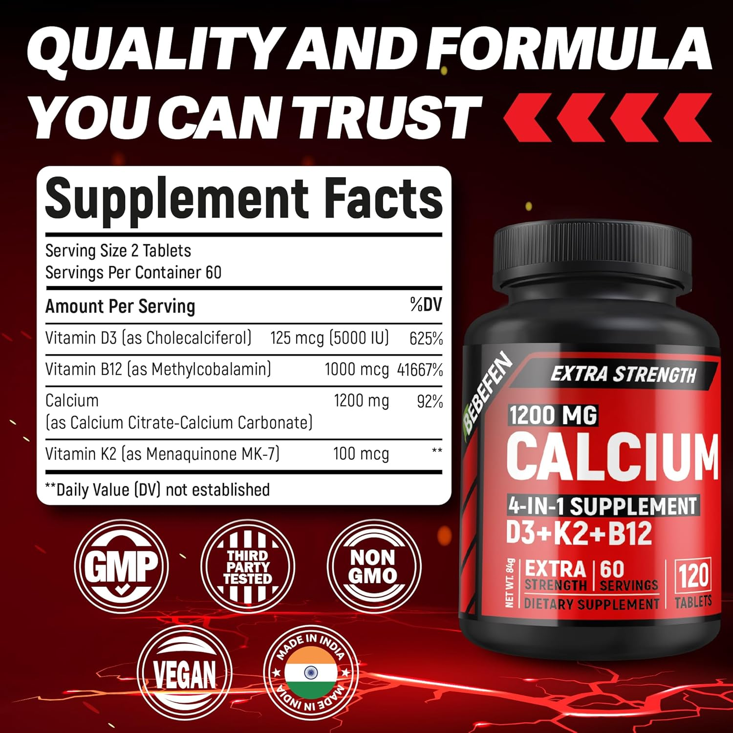 Calcium 1200 Mg with 5000 IU Vitamin D3, 100Mcg Vitamin K2, 1000Mcg Vitamin B12-120 Tablets image number 1