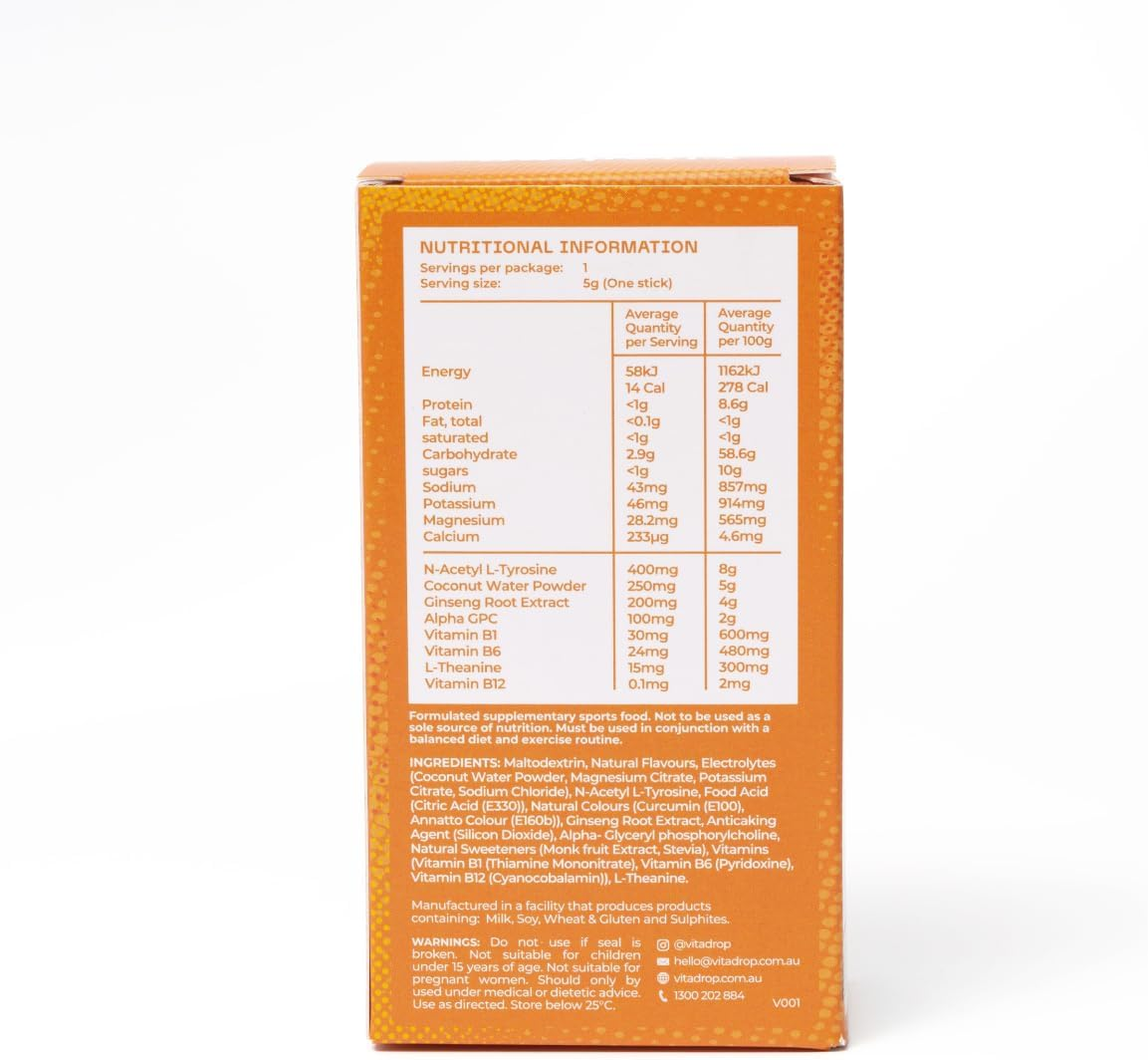 Vitadrop Hydrate+ Pure Focus: 400Mg L-Tyrosine, 200Mg Ginseng Root Extract + 100Mg Alpha GPC (Tropical Breeze Flavour) image number 6
