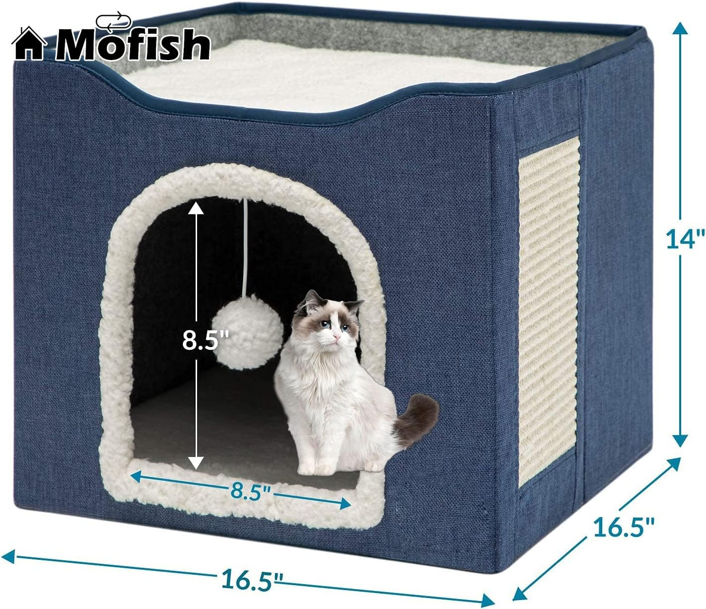 Mofish Cat Beds for Indoor Cats,Large Pet Cat Cube House Foldable with Ball Hanging and Scratch Pad,Soft and Self Warming Cat Cando Cave & Furniture,Kitten Shelter with Warm Plush Bed image number 5