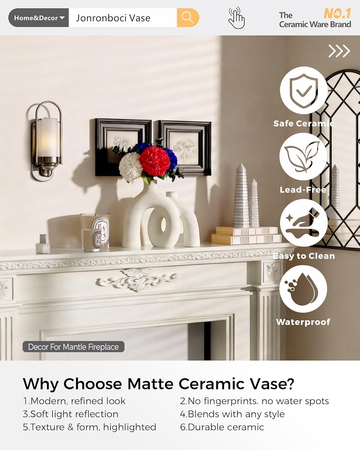 Hug Donut Decorative Vase Set - Modern Nordic Boho Style Vases Home Decor, Matte Ceramic Decorations for Living Room Shelf, Bookshelf Mantle Entryway Table or Console D&eacute;cor (Cream White) image number 4