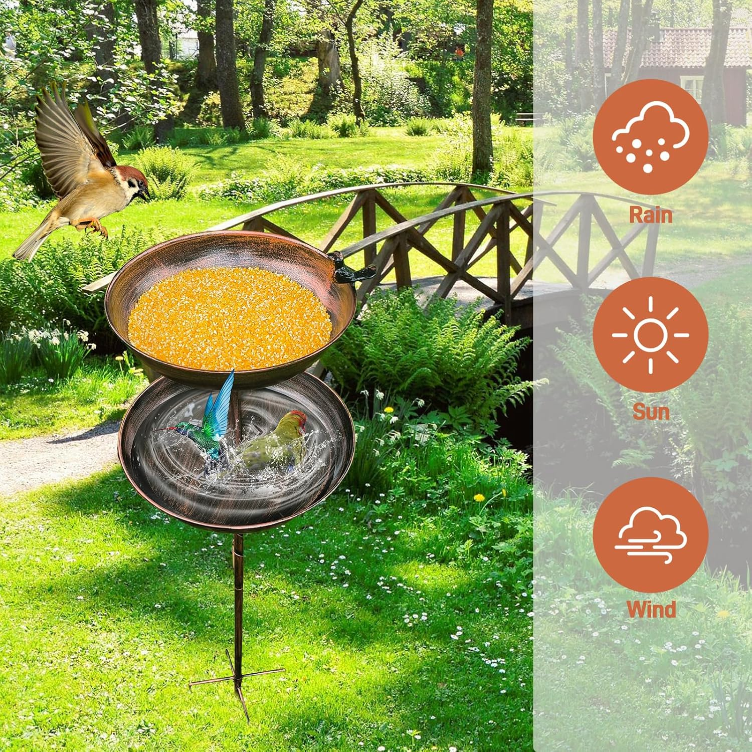 Double Standing Bird Feeder and Bird Bath 120 Cm, Antique Large Birdbath for Outside, Metal Hummingbird Water Feeder Bowl, Tall Sturdy Pedestal Stake for Outdoor Yard Garden Lawn image number 6