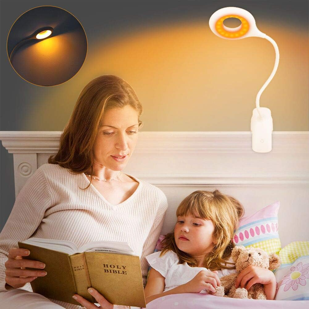 Clip-On Reading Light for Bed - Amber Book Light at Night Rechargeable 5 Brightness Desk Light Clamp Lamp, Touch Control Dimmable Lamp with Flexible Neck, Gentle Night Light (White) image number 3