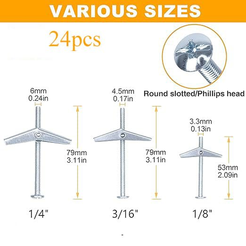 Assorted 24 Pcs Toggle Bolt and Wing Nut Kit for Hanging Heavy Items on Drywall - 1/8 Inch, 3/16Inch, 1/4Inch image number 3