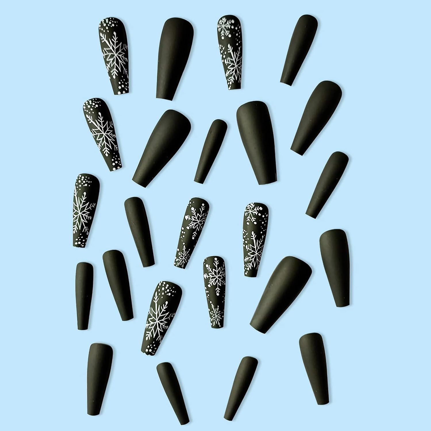 24 Pcs Snowflake Press on Nails Long Black White Christmas Fake Nails Glossy White Snow Glue on Nails Full Cover Coffin Shaped Long Christmas False Nails for Women Manicure Decorations - Christmas Snowflake image number 2