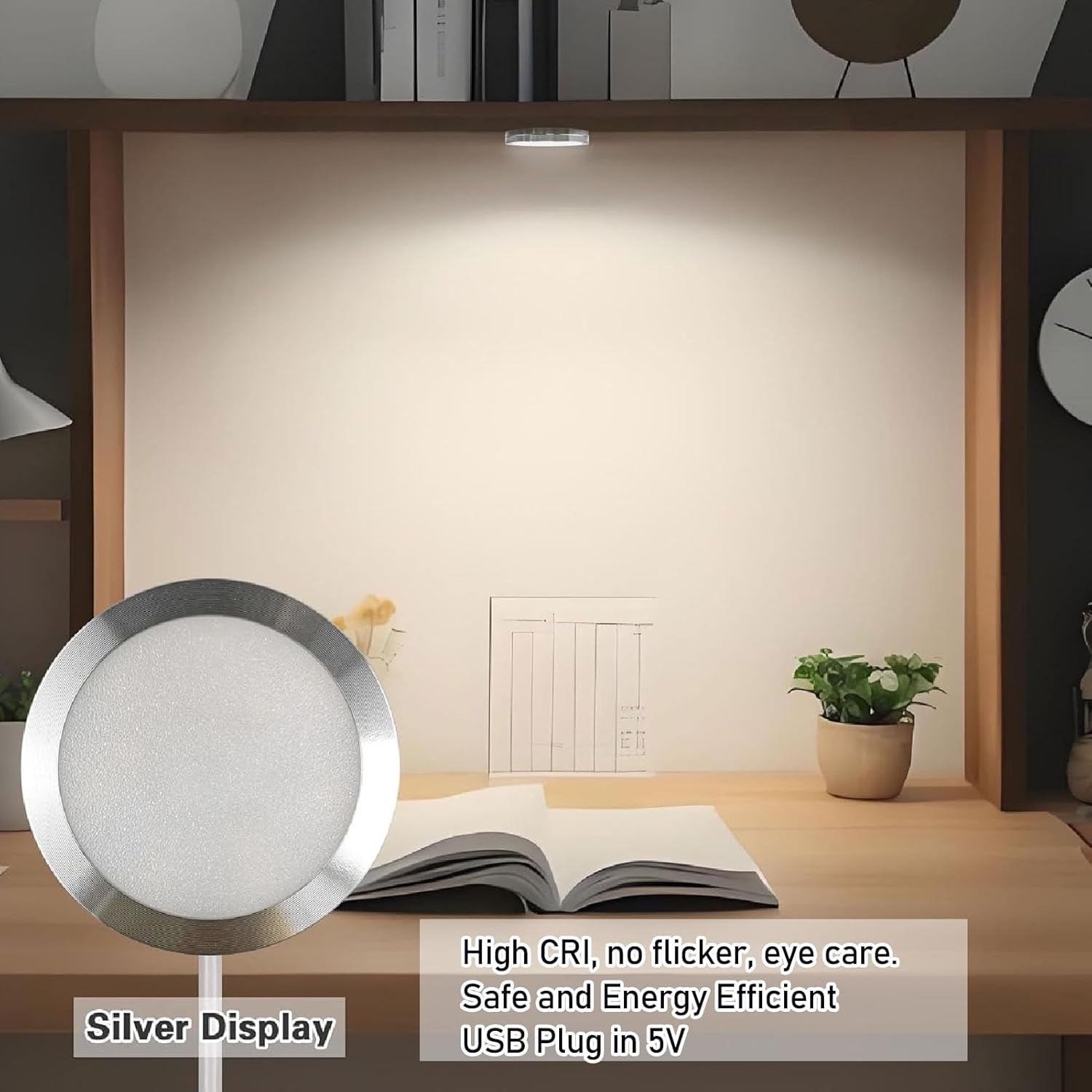 Under Cabinet Light, 5V USB Powered Dual Heads round LED Spotlight, Mini Ultra Slim under Counter Lights Display Lighting for Kitchen, Living Room, Cabinet, Bookcase image number 5