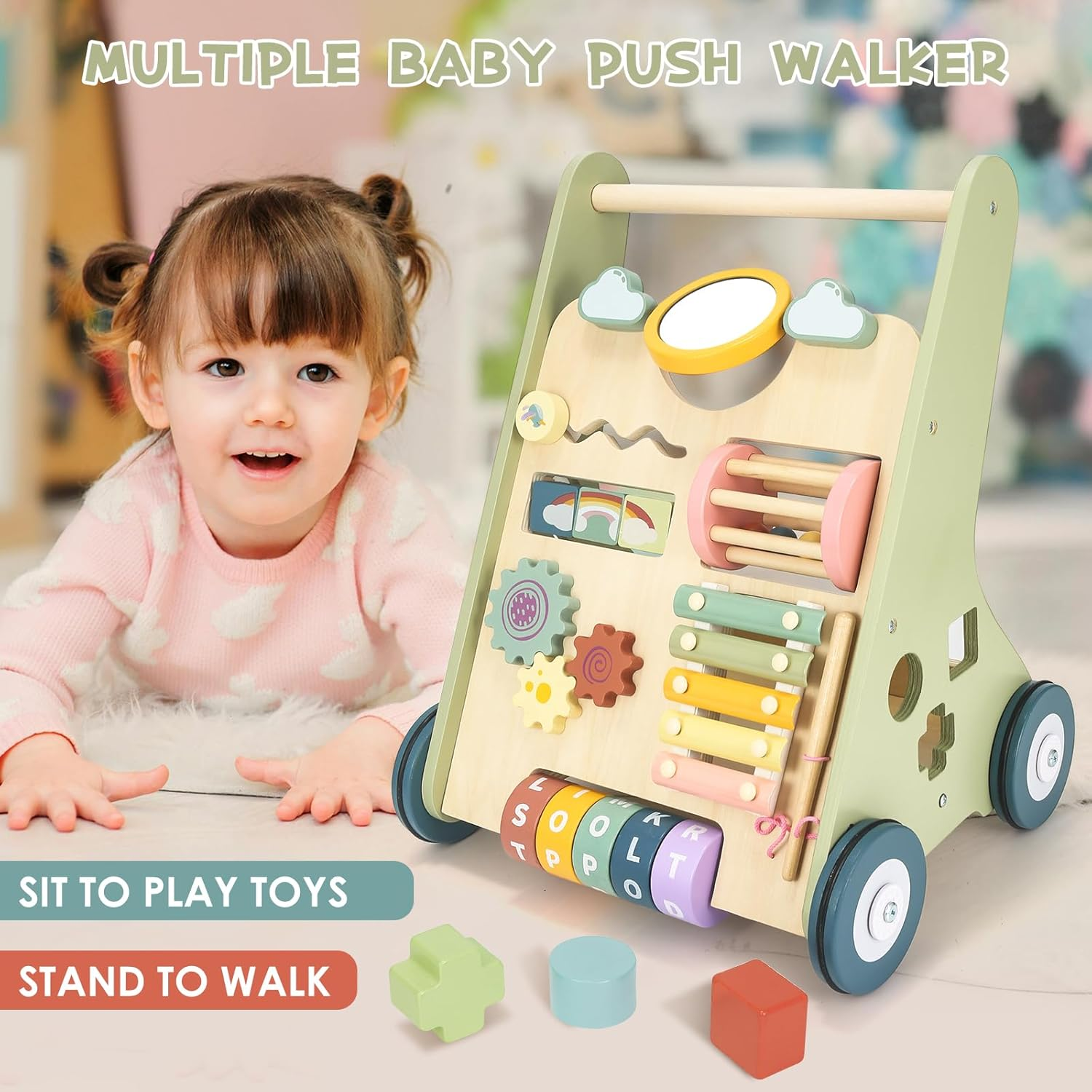 Baby Push Walker, Wooden Baby Walker with Wheels, Montessori Push Walker for Babies 6-12 Months, Push Walking Toys for Boys&Girls 1 Year Old, Gifts for Toddler image number 1