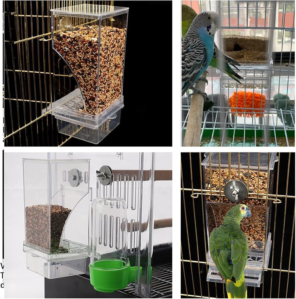 2 Pack Automatic No-Mess Bird Feeder &ndash; Transparent Acrylic Foraging Feeder Cage Attachment for Parrots, Canaries, Cockatoos & Small Birds