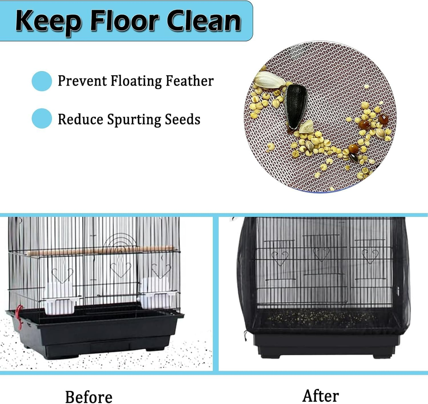 ASOCEA Bird Cage Seed Catcher Adjustable Bird Cage Cover Soft Nylon Mesh Net with Drawstring Birdcage Skirt Feather Guard for round Square Cages (Black) (200 X70 Cm) image number 5