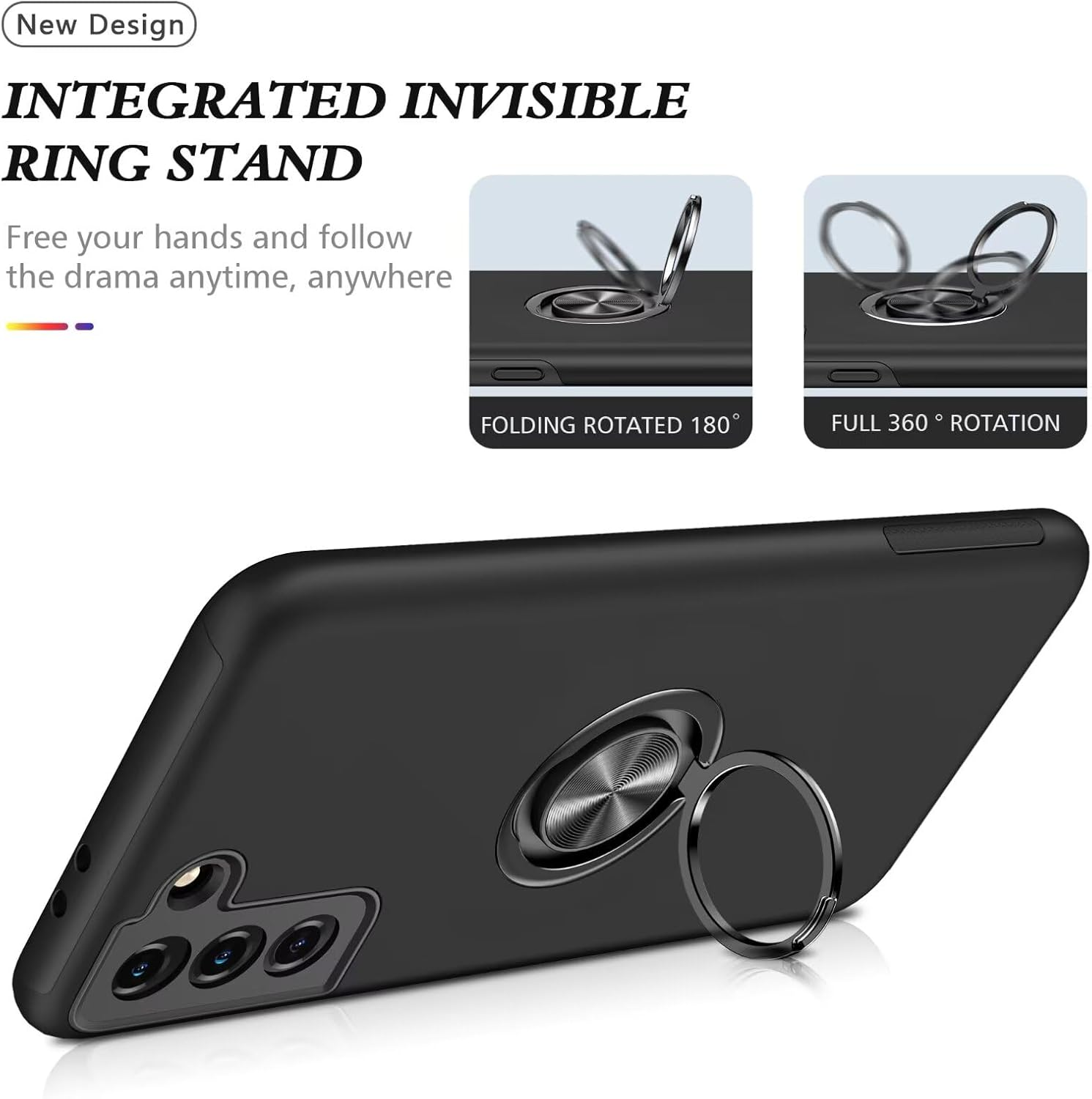 HAONANDE Kickstand Case for Samsung Galaxy S21+ Plus,Military Shockproof Bumper Tough Armour Protective Phone Cover with 360&deg; Rotate Magnetic Ring Stand,1*Screen Protector,Black image number 6