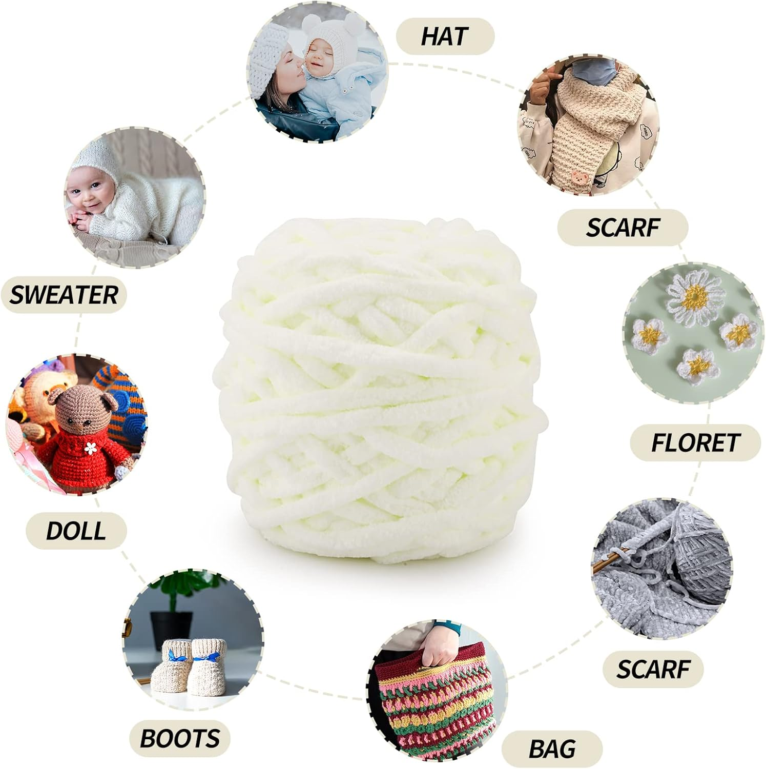 Knitting Wool Yarn 4 X 100G Multi-Colored Knitting Yarn for Crochet, Soft Chunky Yarn for Yarn Projects Making Plush Balls Handmade Bags Sweaters Shoes Hats Sweaters Blankets Scarves,White image number 3