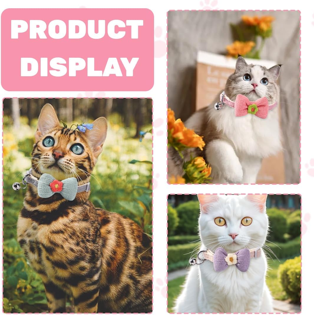 JEYORZY Pack of 3 Soft Cotton Cat Collar with Removable, Hand-Tied Bow, Kitten Collars with Quick Release and Bell, Collars Adjustable Cat Collar Cute Kitten Collar image number 5