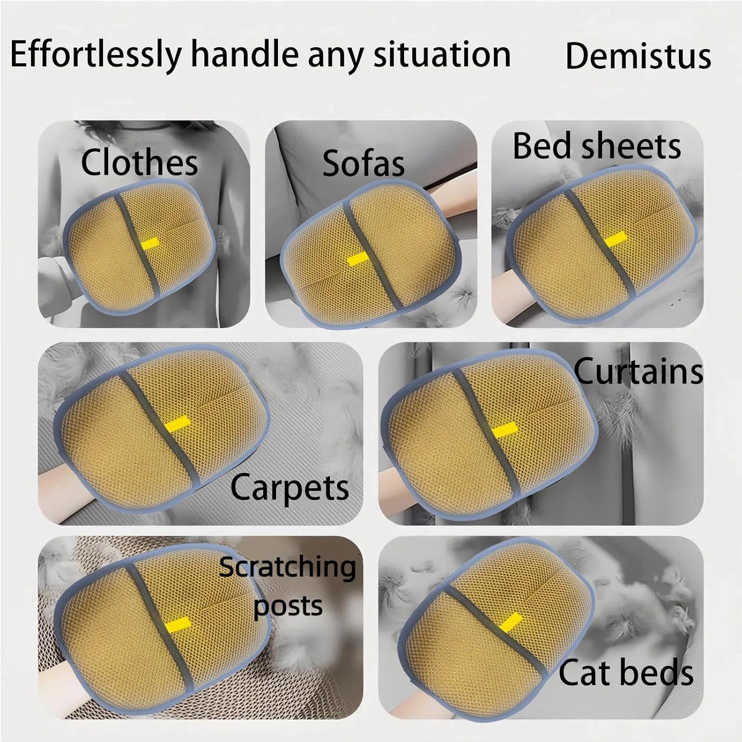 Demistus Double-Sided Anti-Static Pet Hair Removal Glove Brush, Suitable for Dogs, Cats, and Household Cleaning.