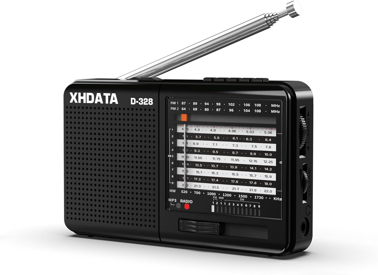 XHDATA D-328 Shortwave AM FM DSP Portable Small Multi Band Radio Stereo MP3 Player with Rechargeable Battery Earphone Jack Portable Multimedia Speaker with USB Micro SD Card Jack (Black) image number 6