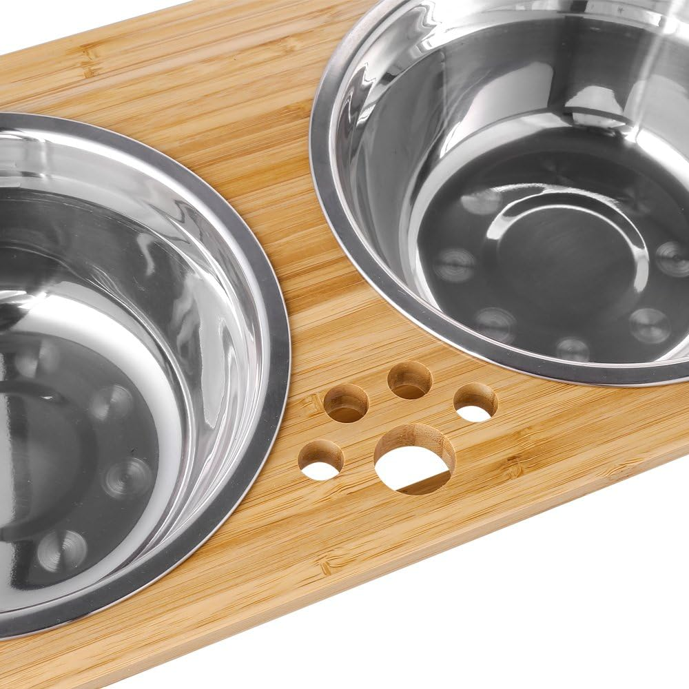 FOREYY Raised Dog Bowls for Cats and Dogs - Bamboo Elevated Dog Cat Food and Water Bowls Stands Feeder Dishes with 2 Stainless Steel Bowls and anti Slip Feet (Medium - 18 Cm High) image number 1