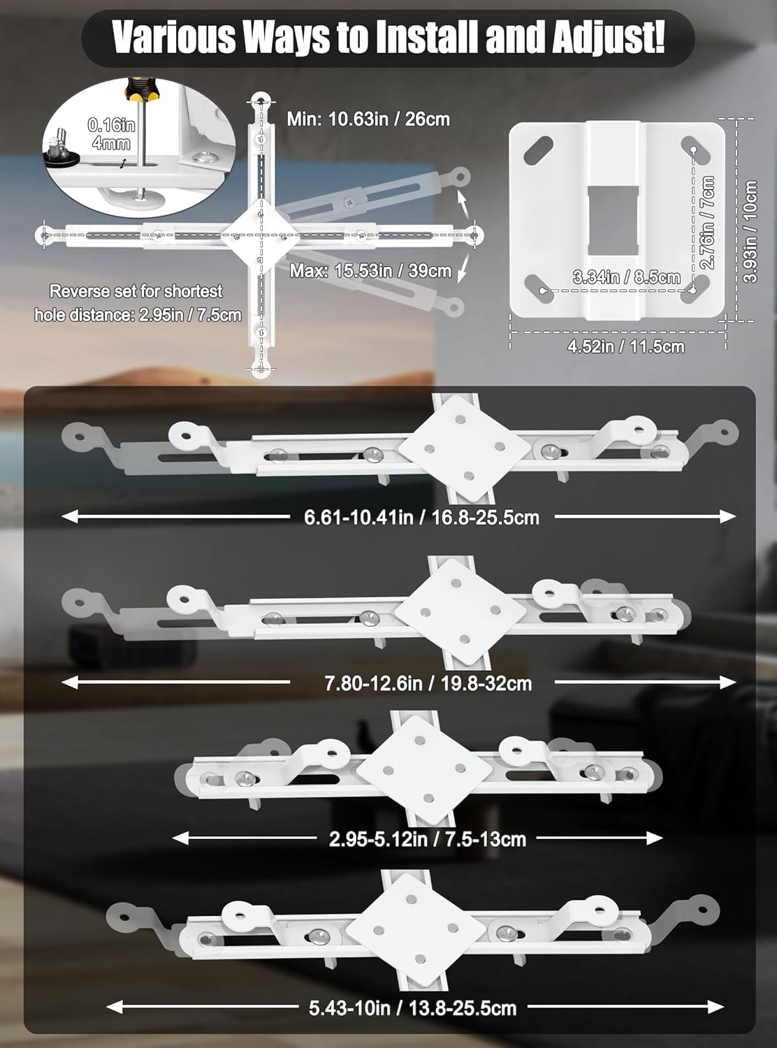 2-Be-Best Projector Ceiling Mount Wide Pipe Universal 3-In-1 Projector Wall Mount Bracket with Adjustable Arm, Flush Mount Option, Built-In Cable Management for Office Home White image number 5