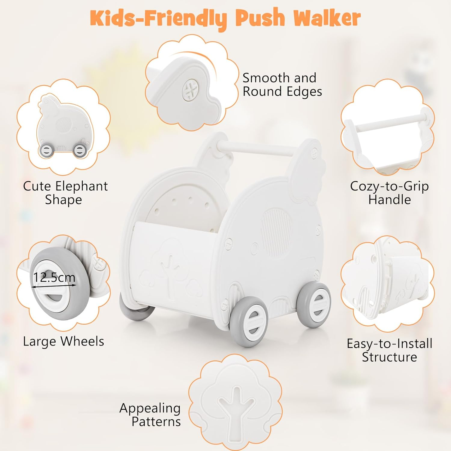 HONEY JOY Baby Walker Push Toy, 4-Wheel Toddler Toy Cart Elephant Shape, Cute HDPE Kids Push Toy W/Wheels & Handle, Baby Push Walker for Boys Girls of 3+ Years Old, White image number 4