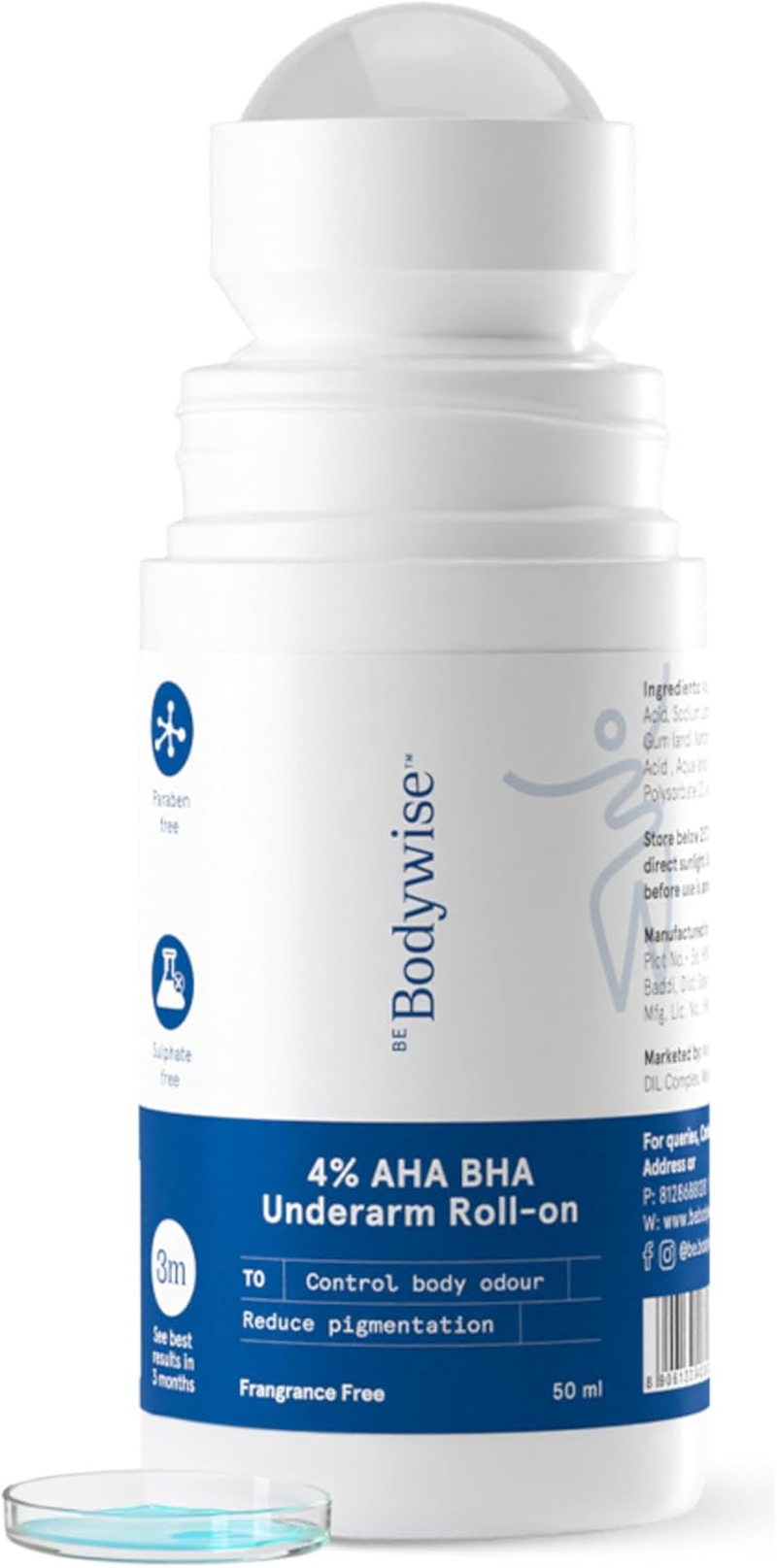 Be Bodywise 4% AHA BHA Underarm Roll on | Fragrance Free | with 1% Mandelic Acid | Prevents Body Odour, Kills Bacteria | Alcohol & Aluminum Free | Suitable for Sensitive Skin | 50Ml image number 3