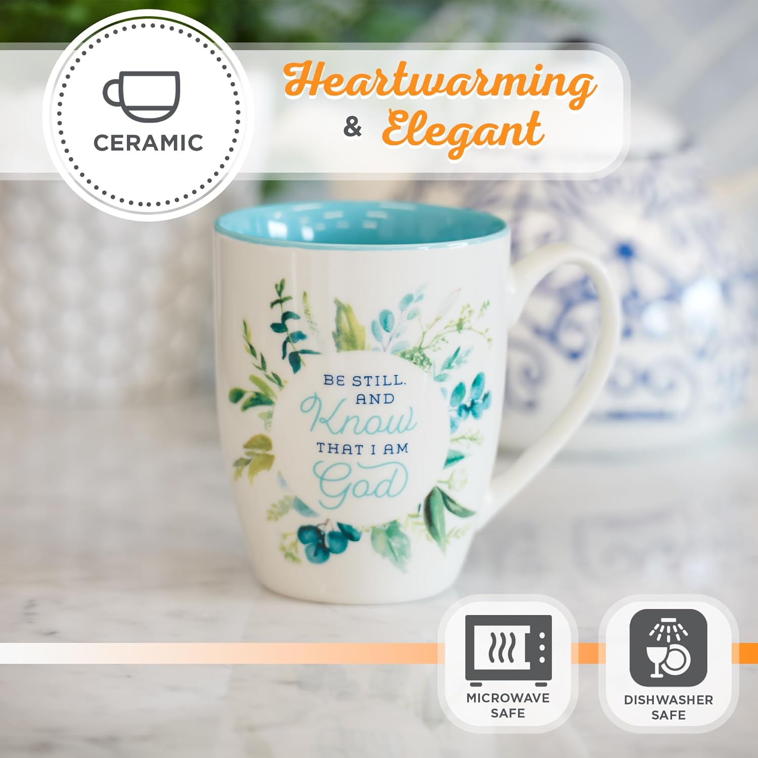 Christian Art Gifts Women'S Ceramic Coffee & Tea Mug: Be Still and Know - Psalm 46:10 Scripture, Microwave/Dishwasher Safe Cup, Lead-Free/Non-Toxic Religious Drinkware, Teal/White Floral, 12 Fl. Oz. - Be Still/Teal  White image number 5