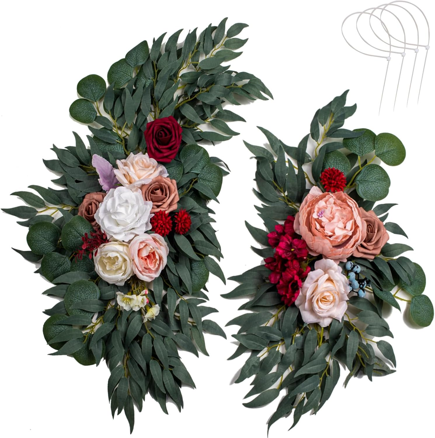 Aitnwoy Artificial Wedding Arch Flowers Kit 2 Pcs Dust Rose Flowers Silk Peony Floral Swag Welcome Sign for Wedding Ceremony Party Home Garland Decor