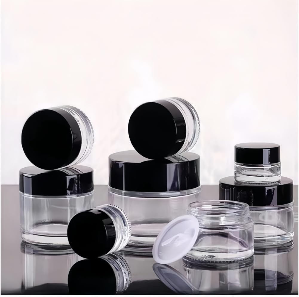 9 Packs 5G Small Glass Jars with Lids and Inner Liners,Clear White Cream Jar Cosmetic Container Storage Jars,Refillable Travel Jars for Lip Balm Eye Cream,Lotion,Toners,Eyeshadow - Black image number 4