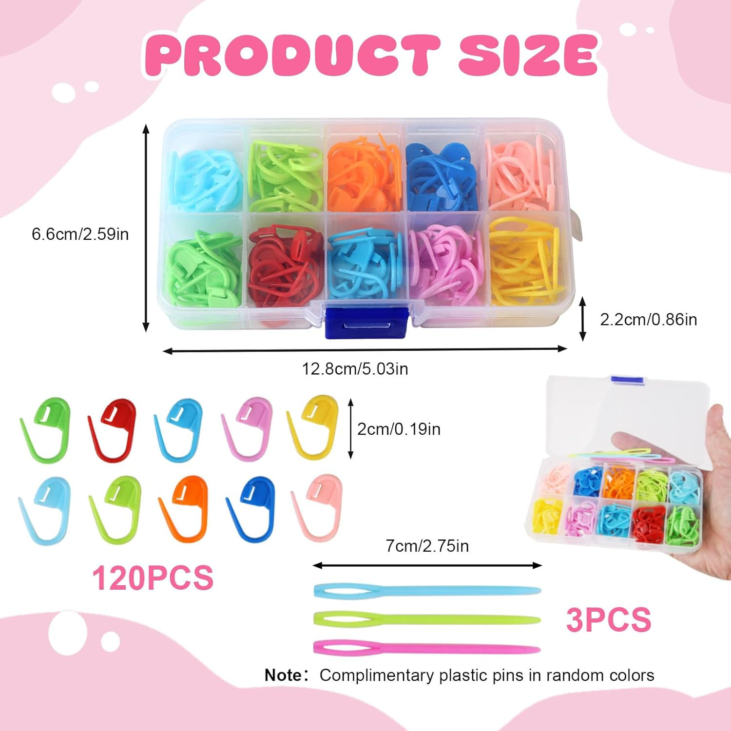 120-Piece Stitch Markers for Knitting & Crochet &ndash; 10 Vibrant Colors with Storage Box & 3 Bonus Plastic Needles &ndash; Durable Non-Slip Marking Rings for Yarn Crafts (2.2 Cm) image number 5