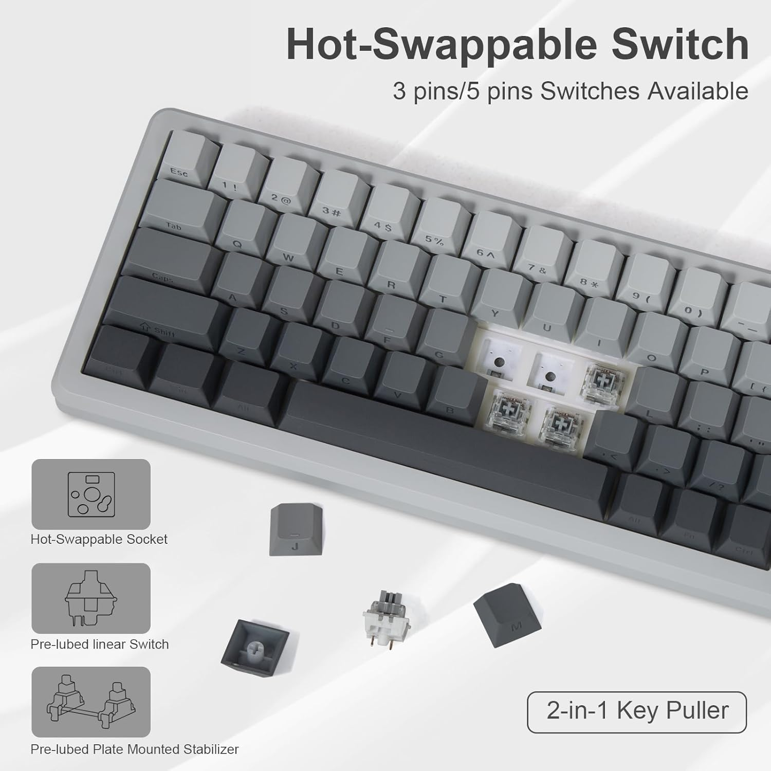 E-YOOSO Z-68 Wireless Mechanical Keyboard,65% Hot Swappable Custom Keyboard with Knob,Rgb Backlit,Pre-Lubed Reaper Switches,Side Printed PBT Keycaps,2.4Ghz/Usb-C/Bt5.0 Mechanical Gaming Keyboards