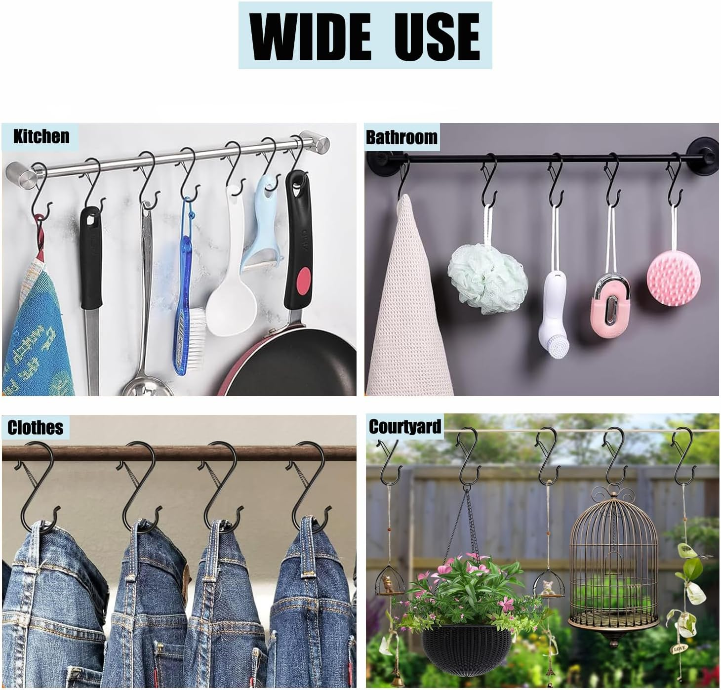 Aieve 10-Pack S Hooks with Safety Buckle, 3.5 Inch Heavy Duty S Hooks for Kitchen, Bathroom, Courtyard - Hanging Plants, Clothes, Pots and Pans, Bathing Utensils, Bags (Black) image number 3