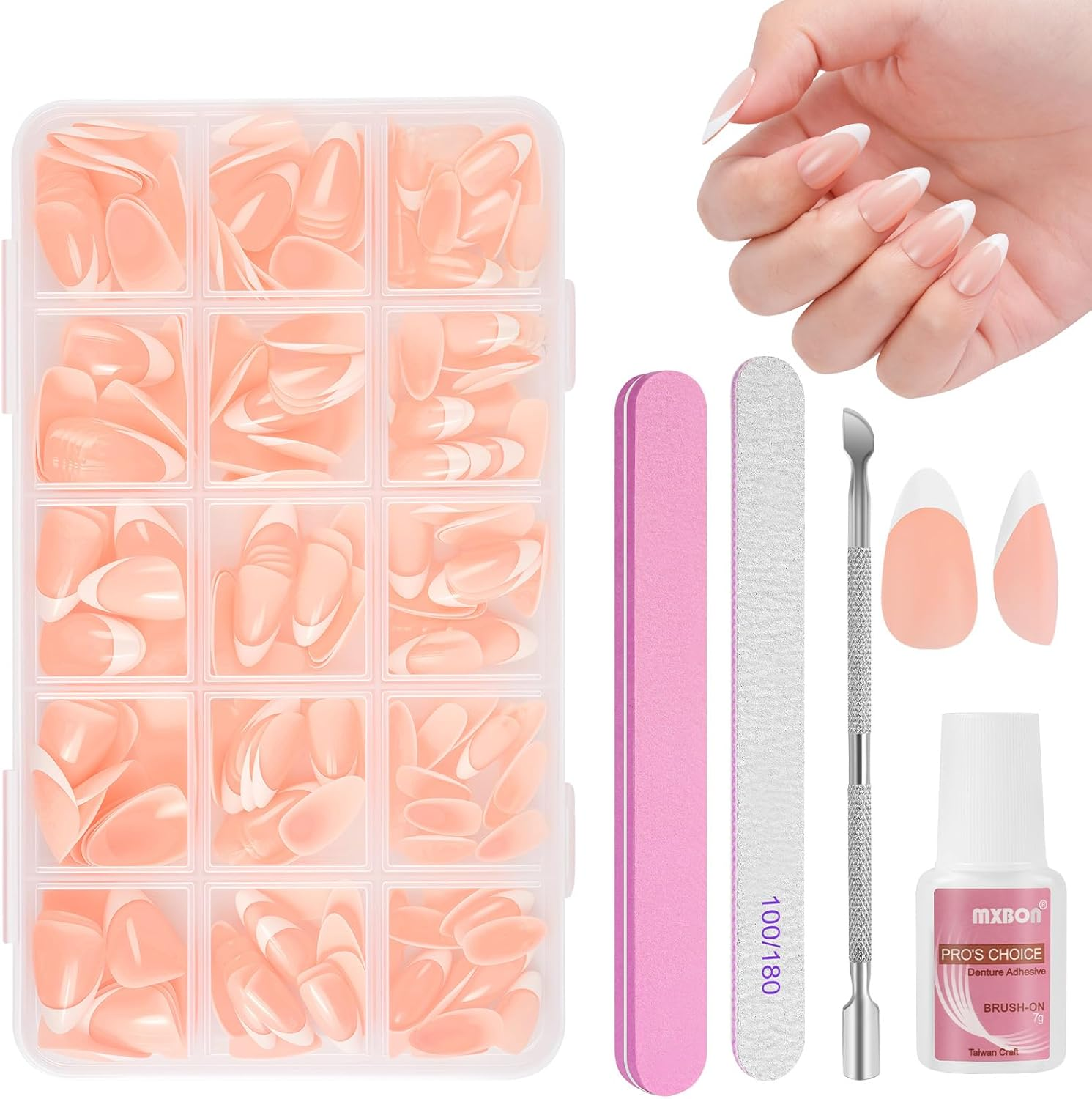 BUTBU Pack of 240 French False Nails, Glossy Gl&auml;nzend Ballerina Nails to Apply to French Nails, Reusable, Full Coverage for Women and Girls
