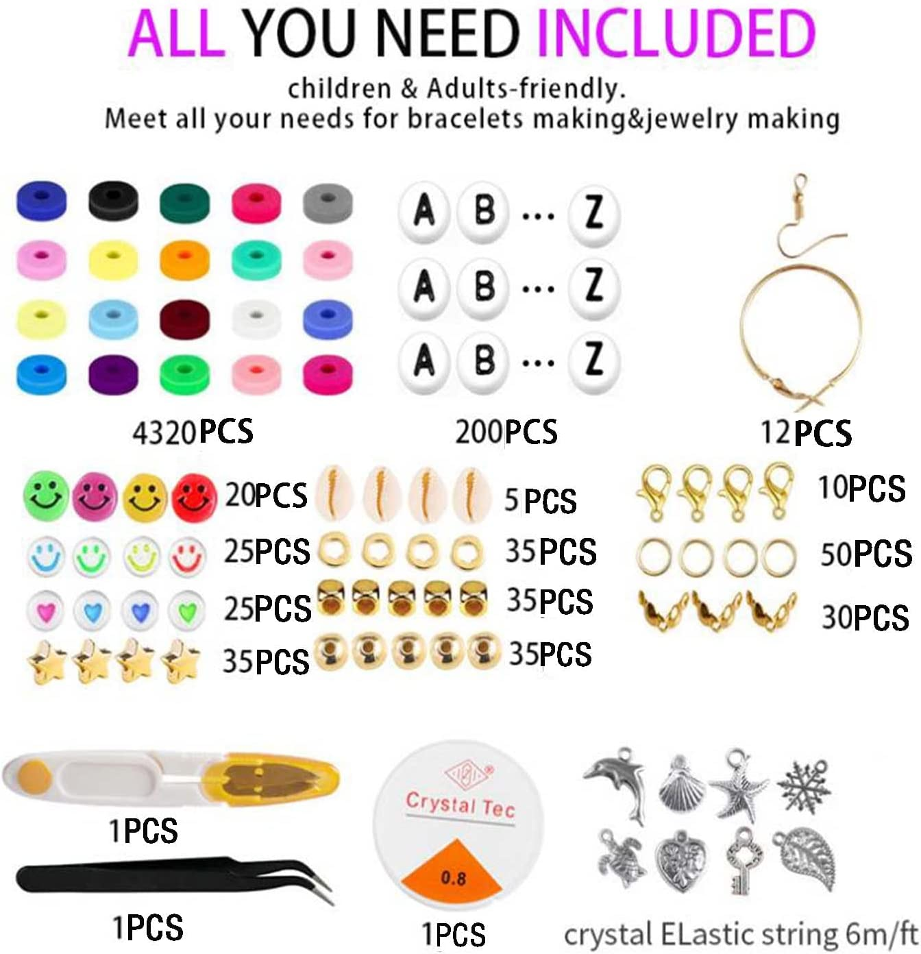 Clay Beads Bracelet Making Kits for Girls,4840 PCS Jewelry Making Kit with 4320PCS 6Mm Polymer Clay Beads, 520PCS Letter Beads, Smiley Face Beads, Charms, Gold Spacer Beads, Pearls for Kids Adults image number 4