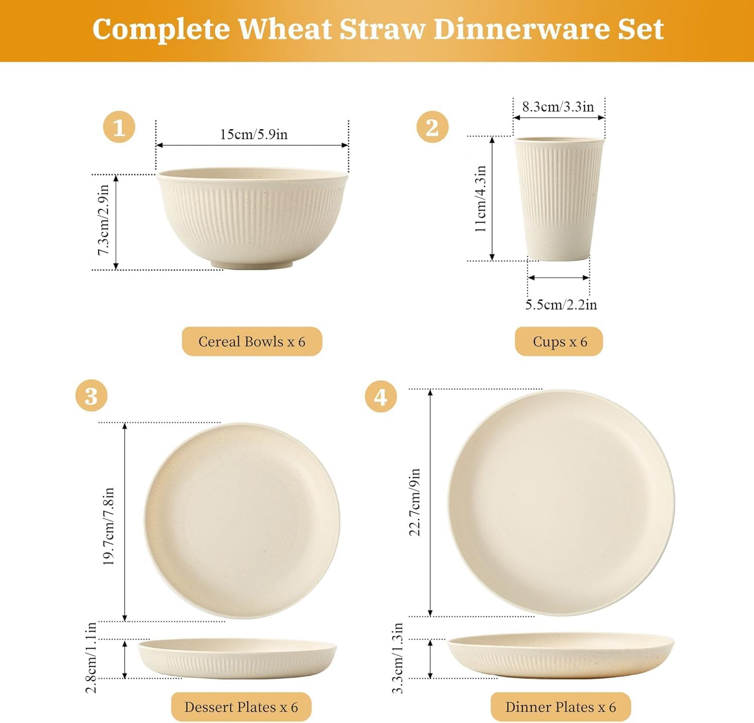 24Pcs Reusable Wheat Straw Cups Plates and Bowls Set, Dinnerware Sets for 6, Microwave and Dishwasher Safe Kitchen Dish Set for RV Camping Picnic Dorm, Beige image number 4