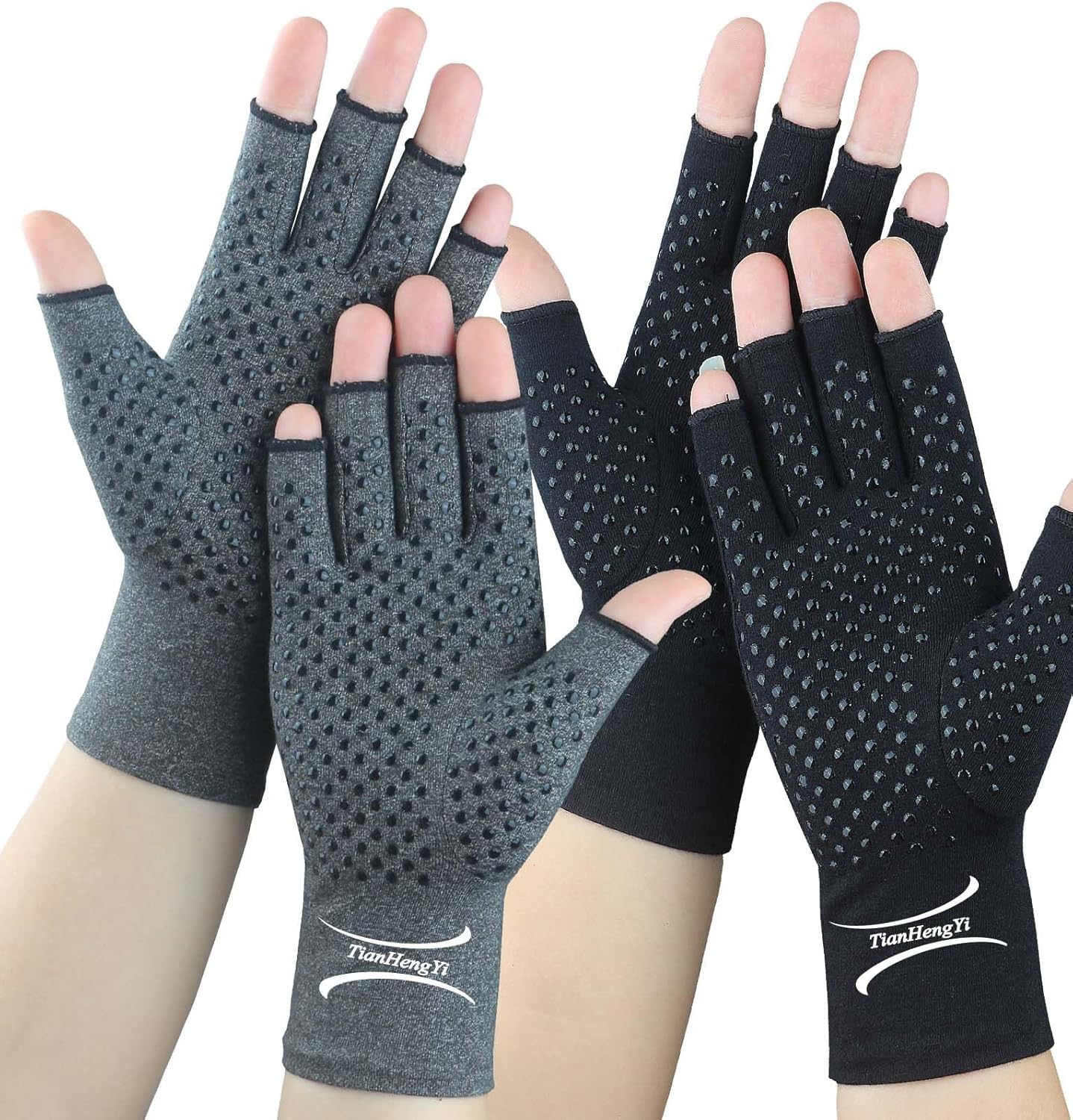 2 Pairs Arthritis Gloves for Women Men, Fingerless Compression Gloves for Hand Pain, Carpal Tunnel, Non Slip Dots image number 1