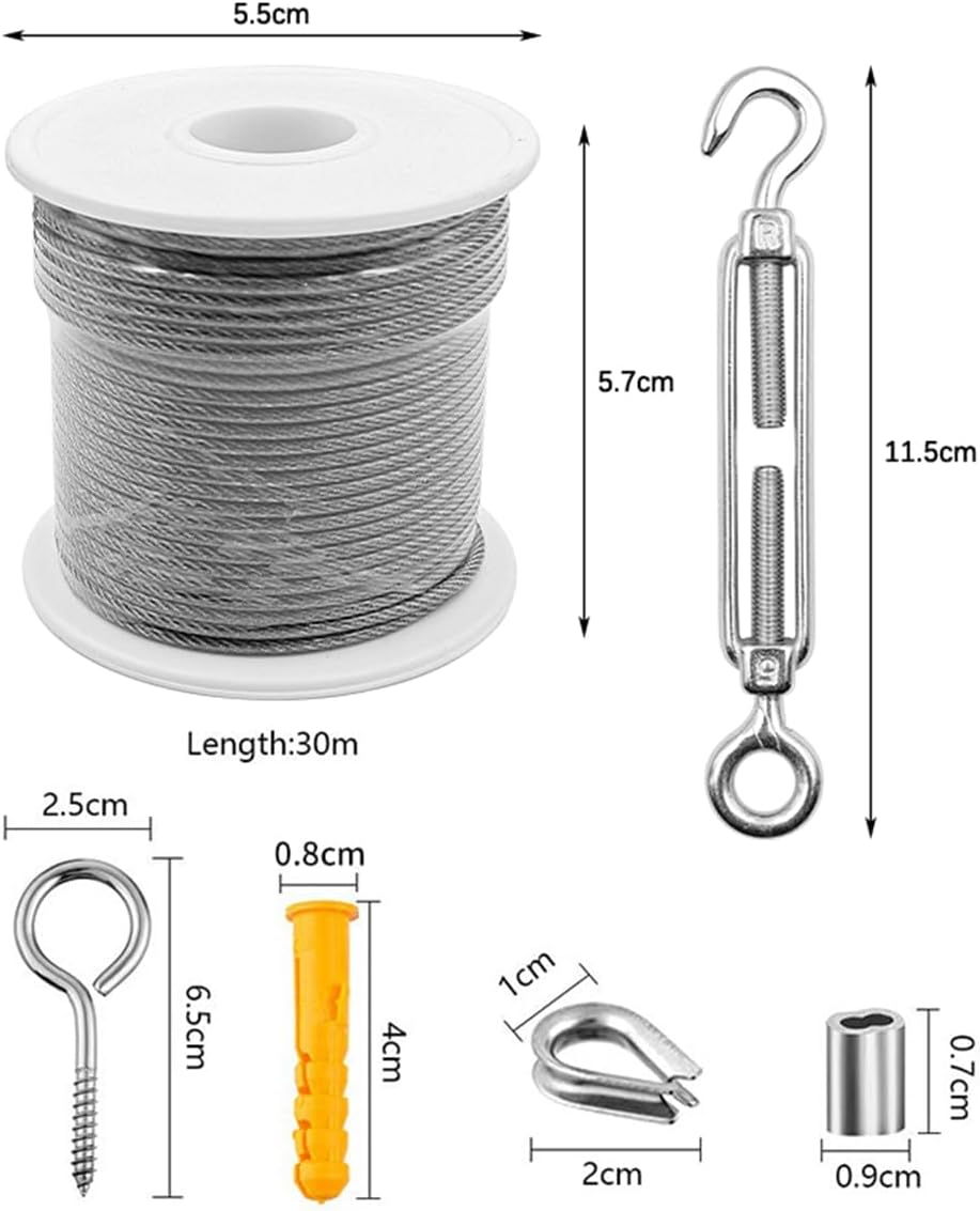 ZONADA 30M 2Mm PVC Coated Stainless Steel Wire Rope Kit with Turnbuckle Tensioner &ndash; Garden Plant Support Cable, Heavy Duty Catenary Wire, Railing System, Metal Cable Kit image number 3